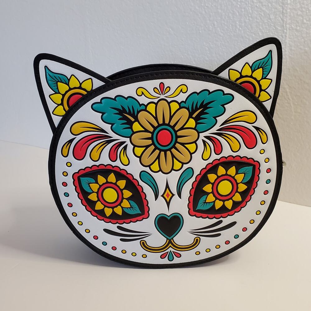 Mad Engine Cat Purse Sugar Skull Day of Dead Round Zipper 9.5 x 2.5 No Strap - Picture 2 of 16